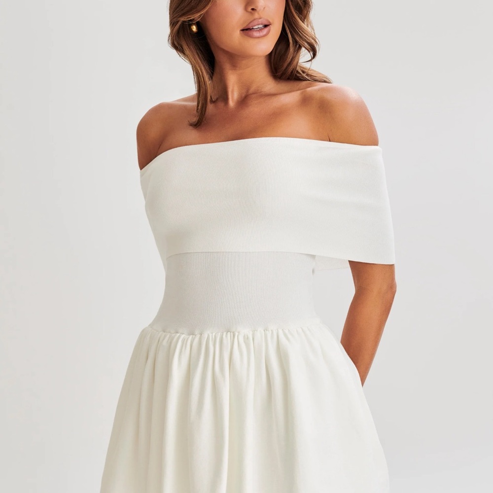 Meshki White Smocked Off-Shoulder Mini Dress